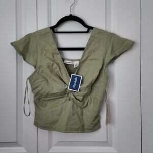 Midnight Sky Sage Green Twisted Front Smocked V Neck Cap Sleeve Crop Size Small